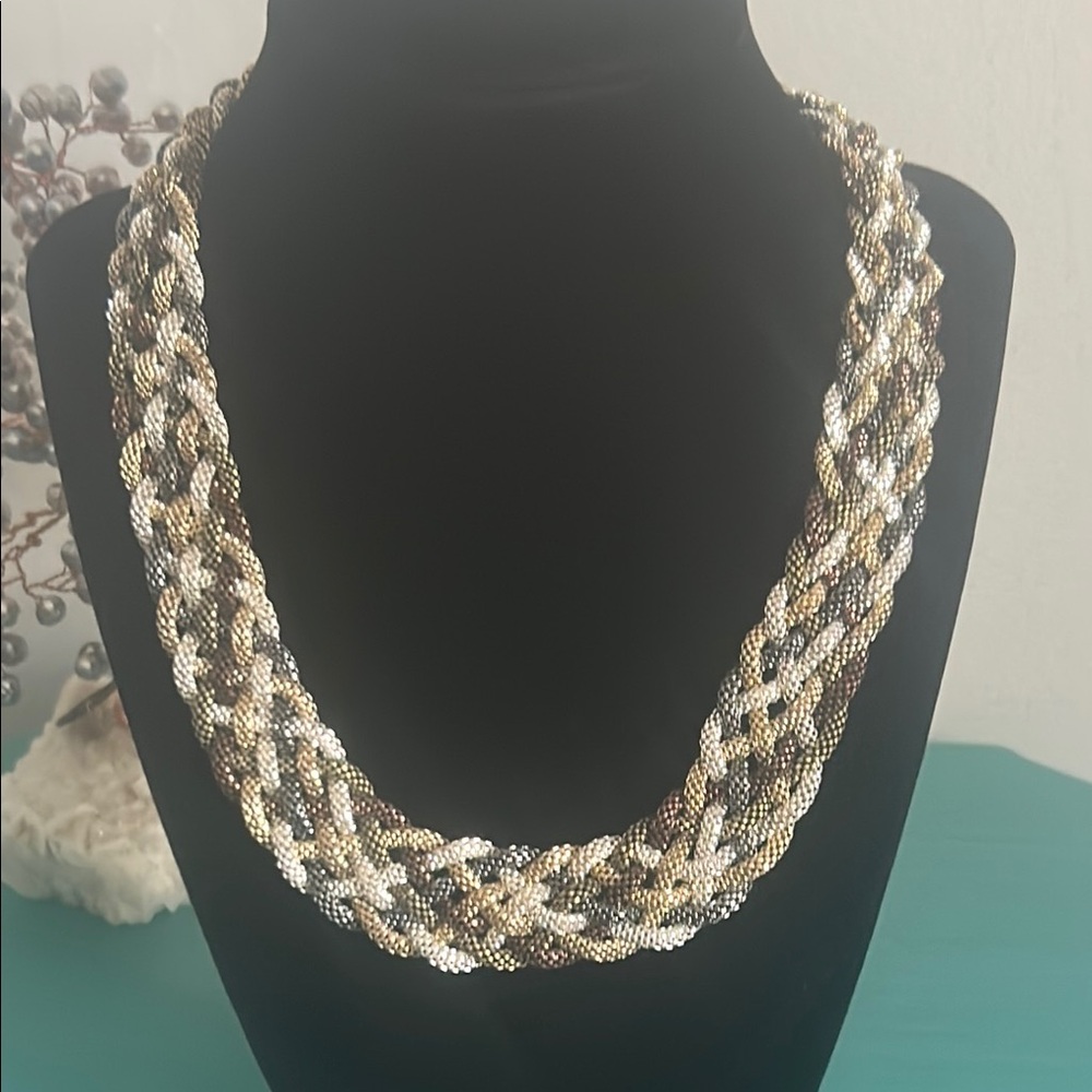 Stunning Braided Necklace in Gold, Silver, and Black